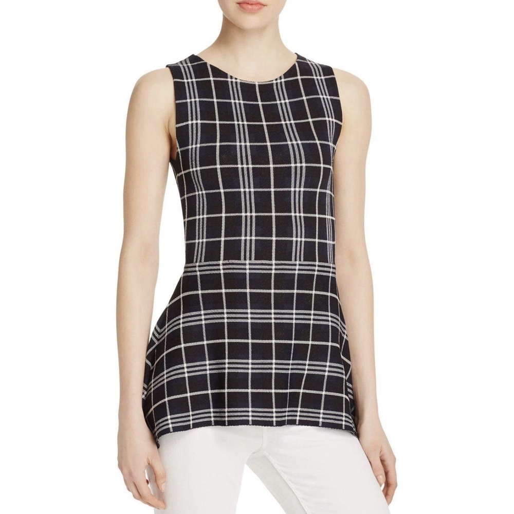 Theory Kalora Lustrate Plaid Peplum Knit Top Navy Multi‎ Size Large Sleeveless